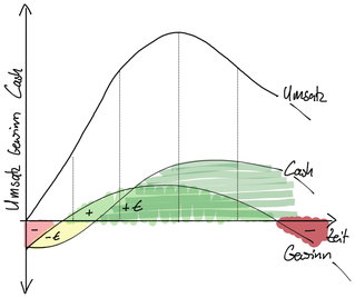 Skizze zum Zusammenhang von Umsatz, Gewinn und Cash